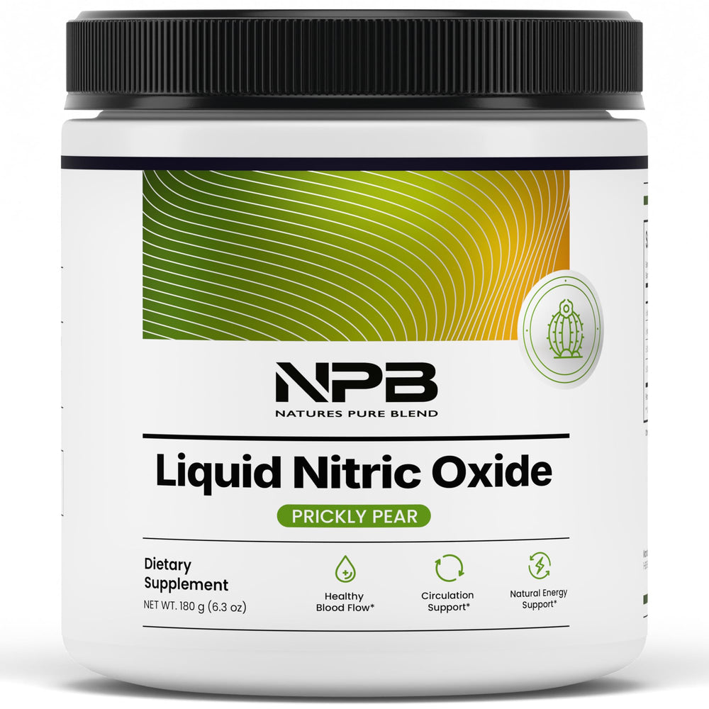 Nature's Pure Blend liquid nitric oxide bottle pour highlights quick pre-workout support for circulation.