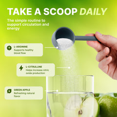 Green Apple flavored Nature's Pure Blend Nitric Oxide powder in glass
