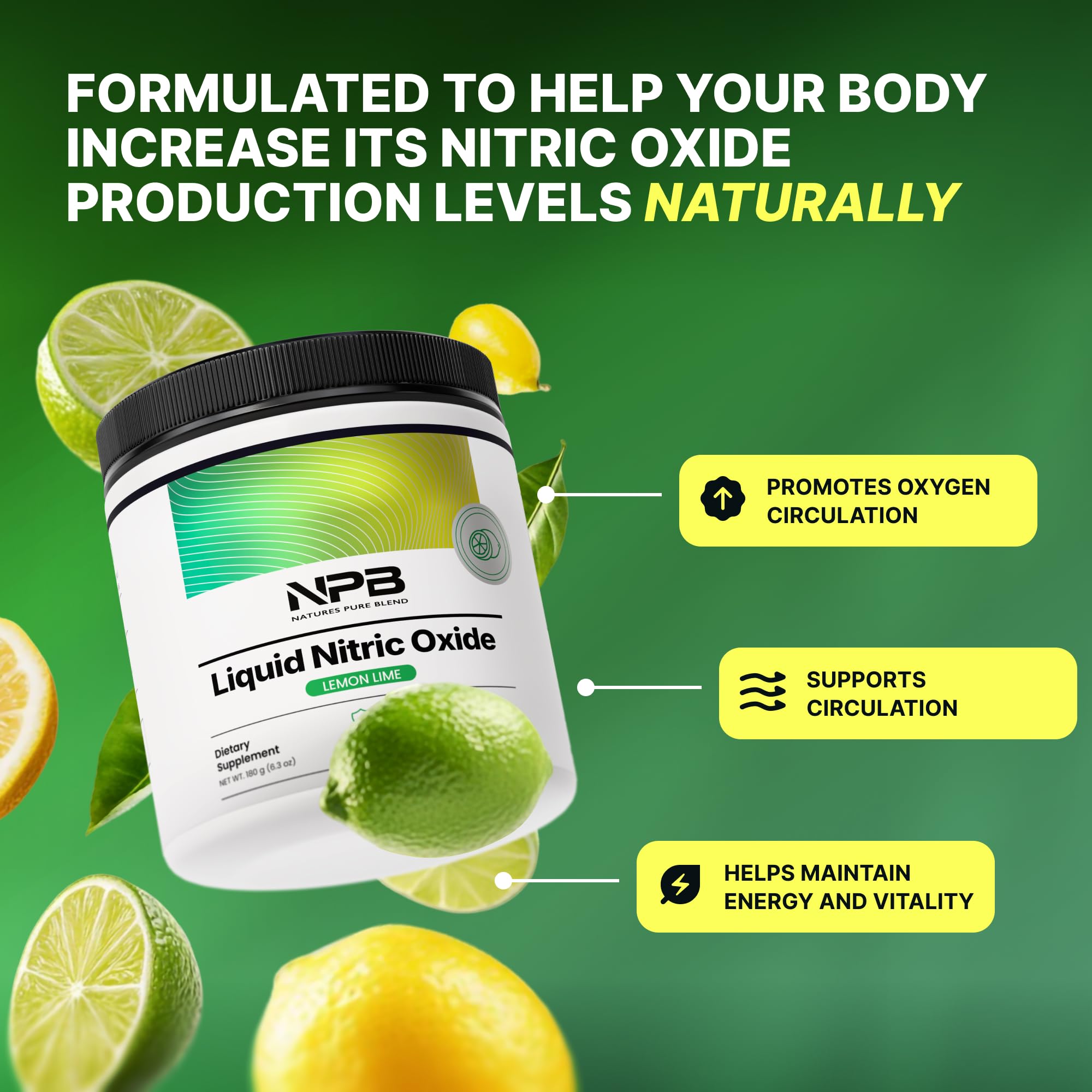 Nature's Pure Blend nitric oxide powder scoop shown for easy dissolution.