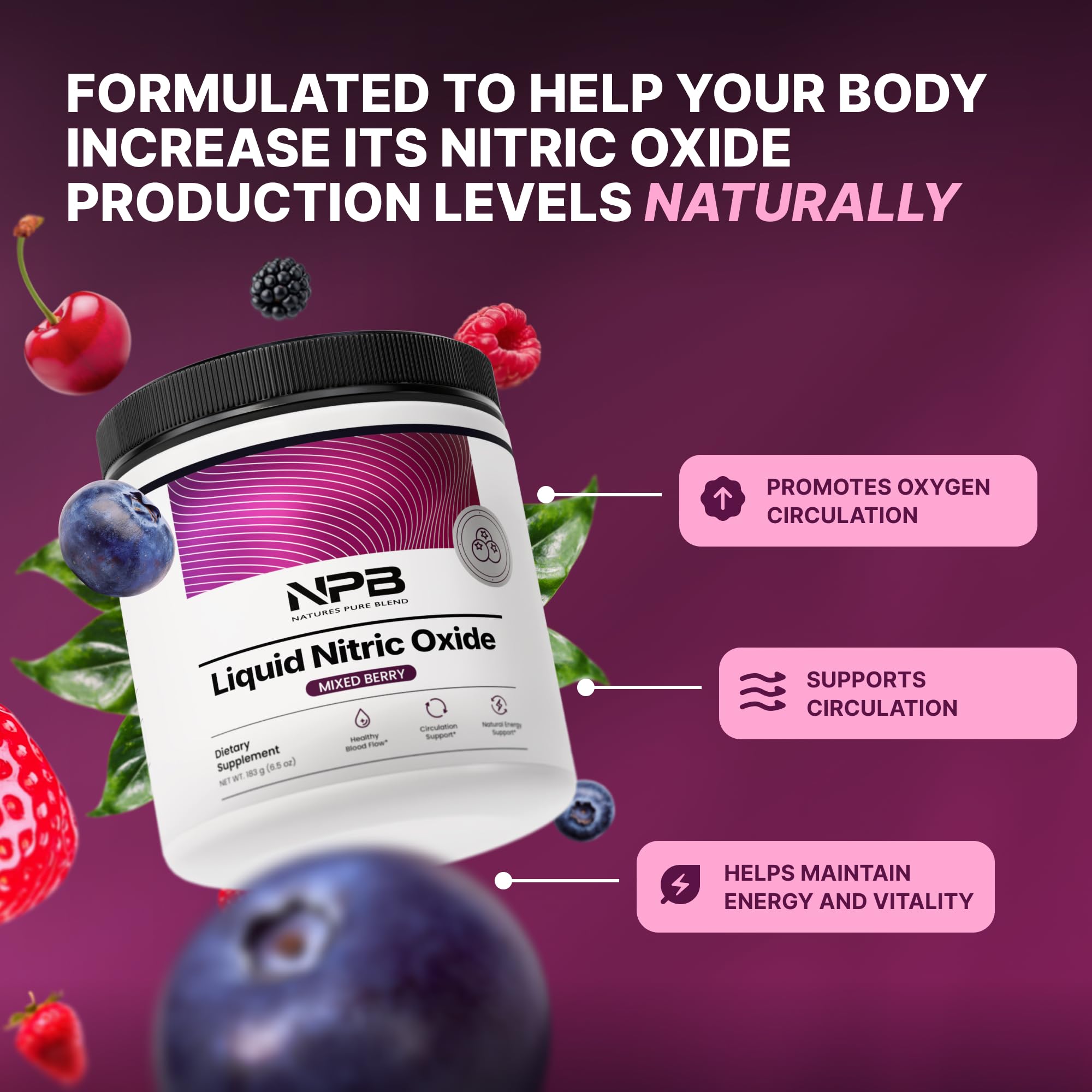 Nature's Pure Blend nitric oxide scoop beside bottle for quick mixing