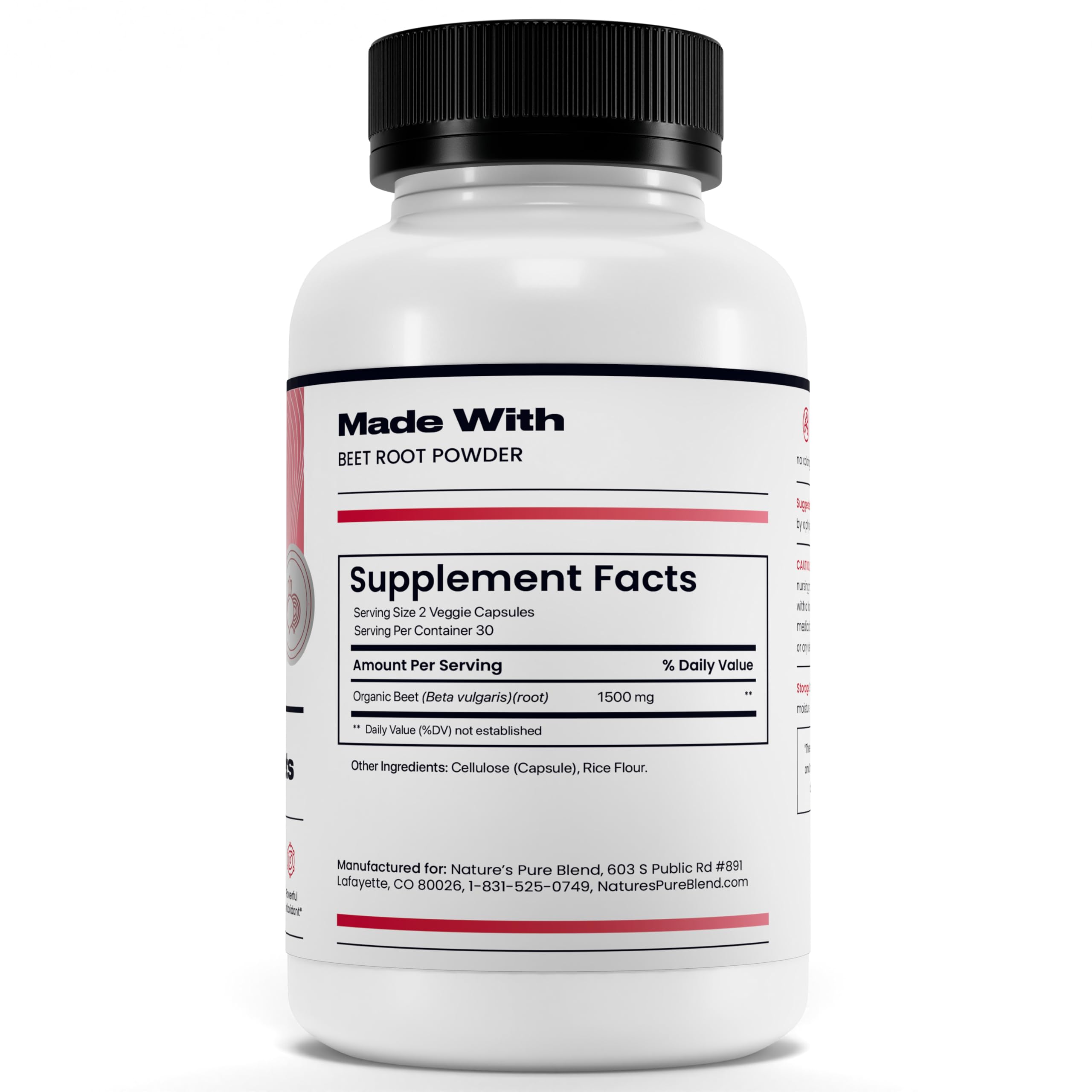 Nature's Pure Blend natural beet root supplement bottle in bright setting.