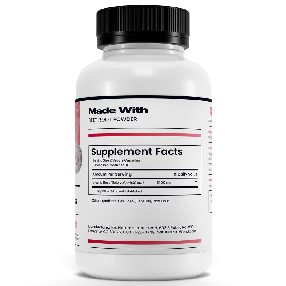 Nature's Pure Blend natural beet root supplement bottle in bright setting.