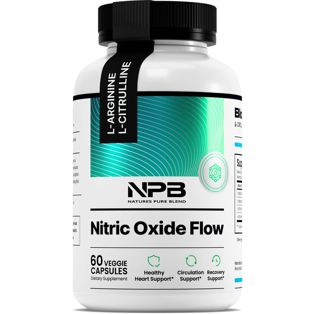 Nature's Pure Blend Nitric Oxide for Men bottle pour shows quick support for workouts