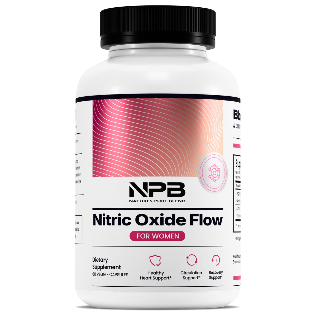 Nature's Pure Blend nitric oxide bottle boosts circulation for workouts.