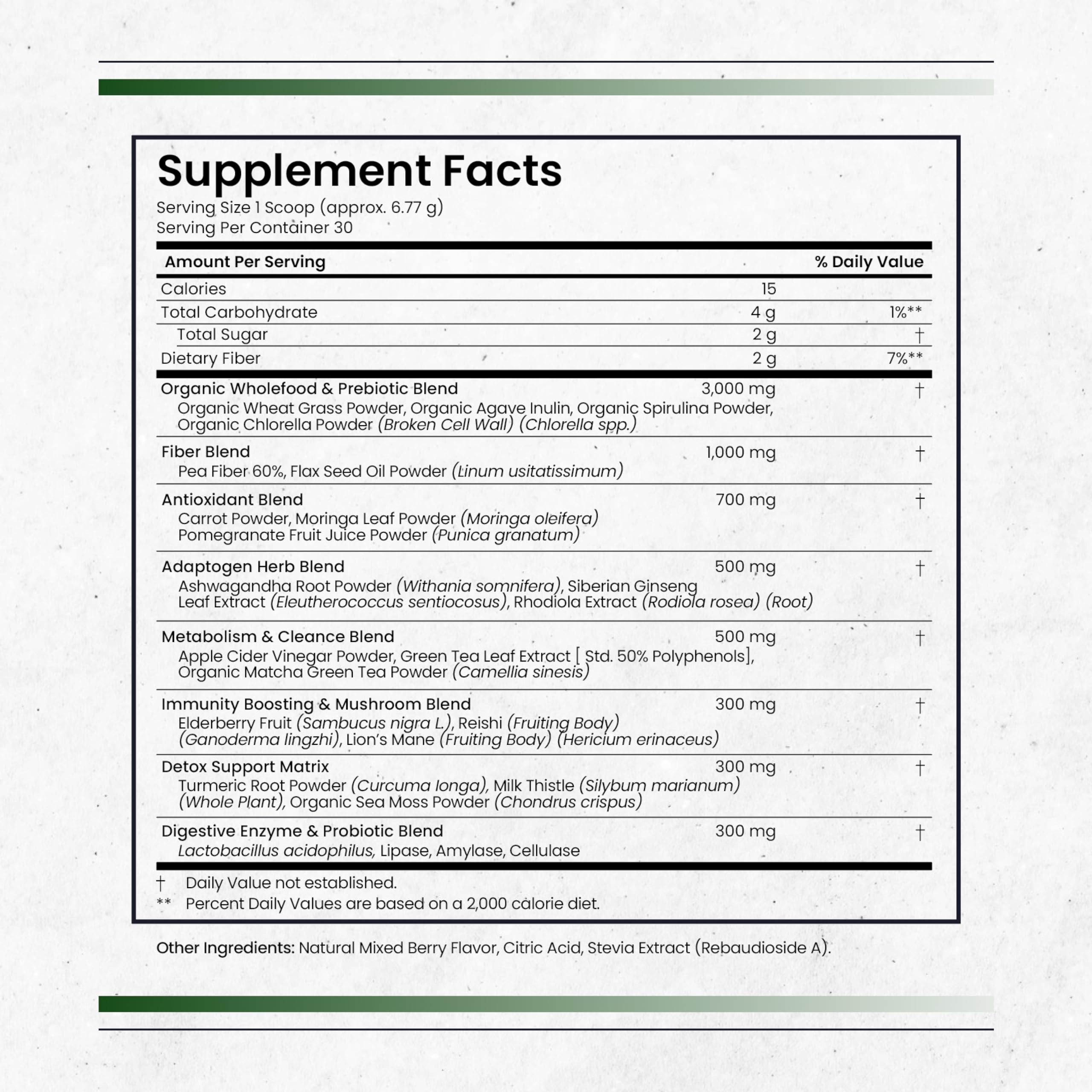Nature's Pure Blend Super Greens bottle front shows matcha berry flavor and clean ingredients.