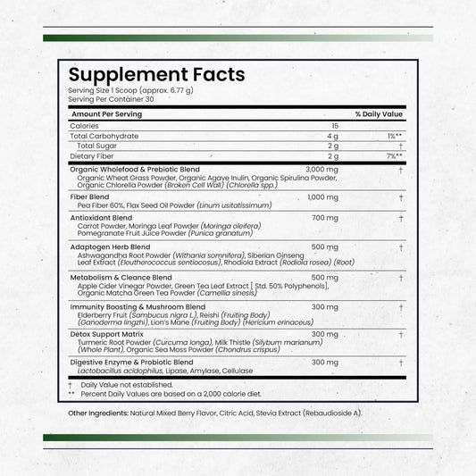 Nature's Pure Blend Super Greens bottle front shows matcha berry flavor and clean ingredients.