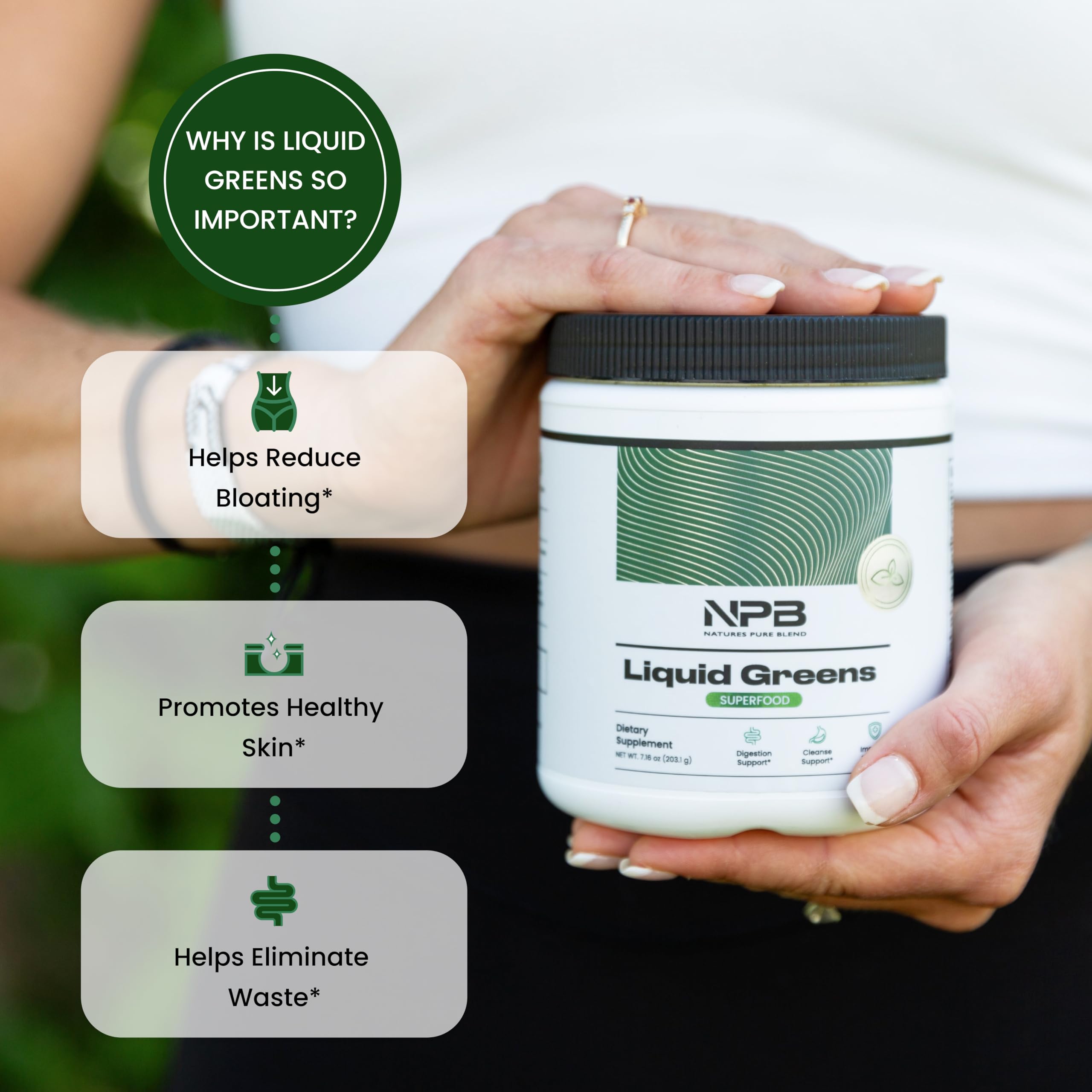 Nature's Pure Blend Super Greens ingredients panel highlights greens, mushrooms, and adaptogens.