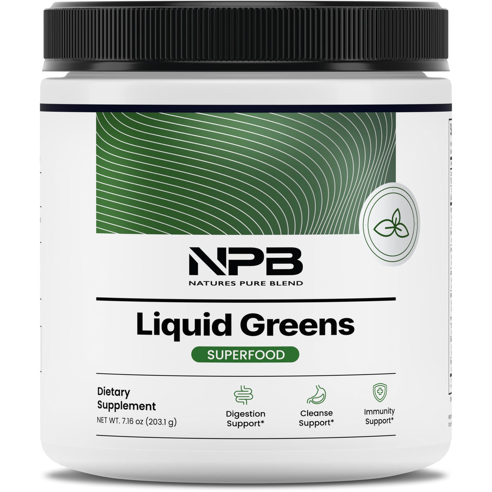 Nature's Pure Blend Super Greens label emphasizing organic ingredients for daily vitality.