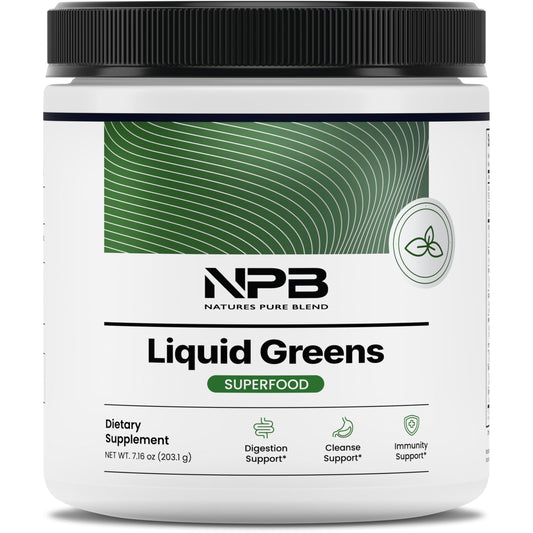 Nature's Pure Blend Super Greens label emphasizing organic ingredients for daily vitality.