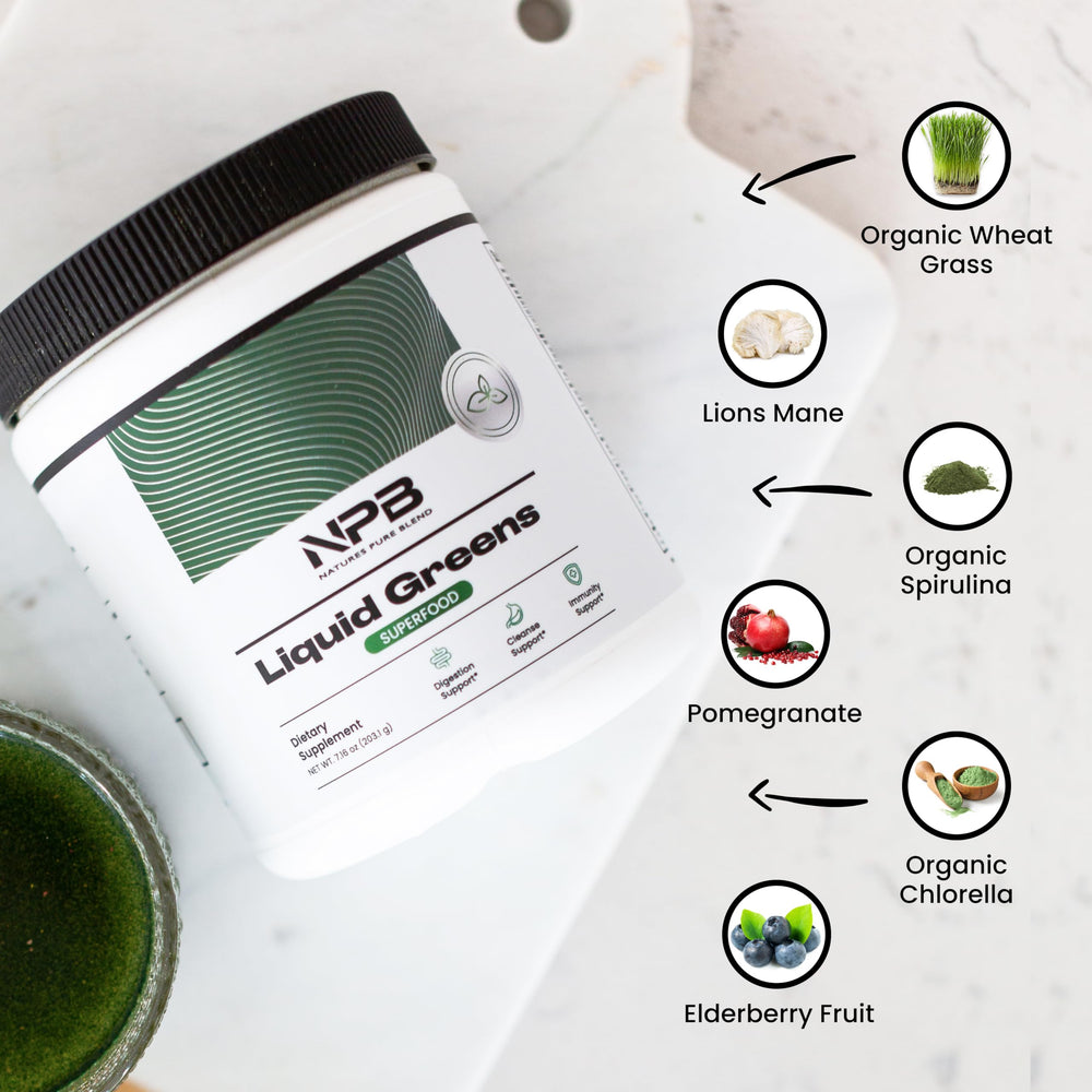 Nature's Pure Blend Super Greens being poured into a glass for a refreshing energy boost.