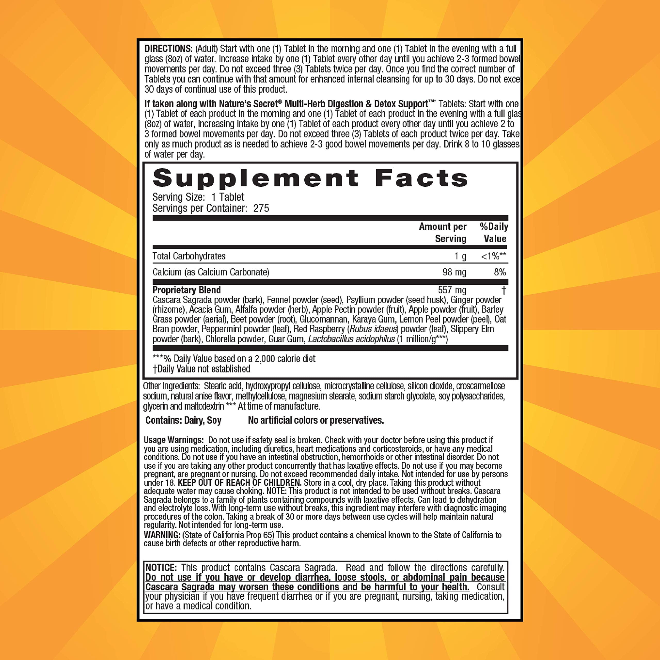 Nature's Secret Multi-Herb Colon Cleanse capsules close-up shows easy-to-take daily dose.