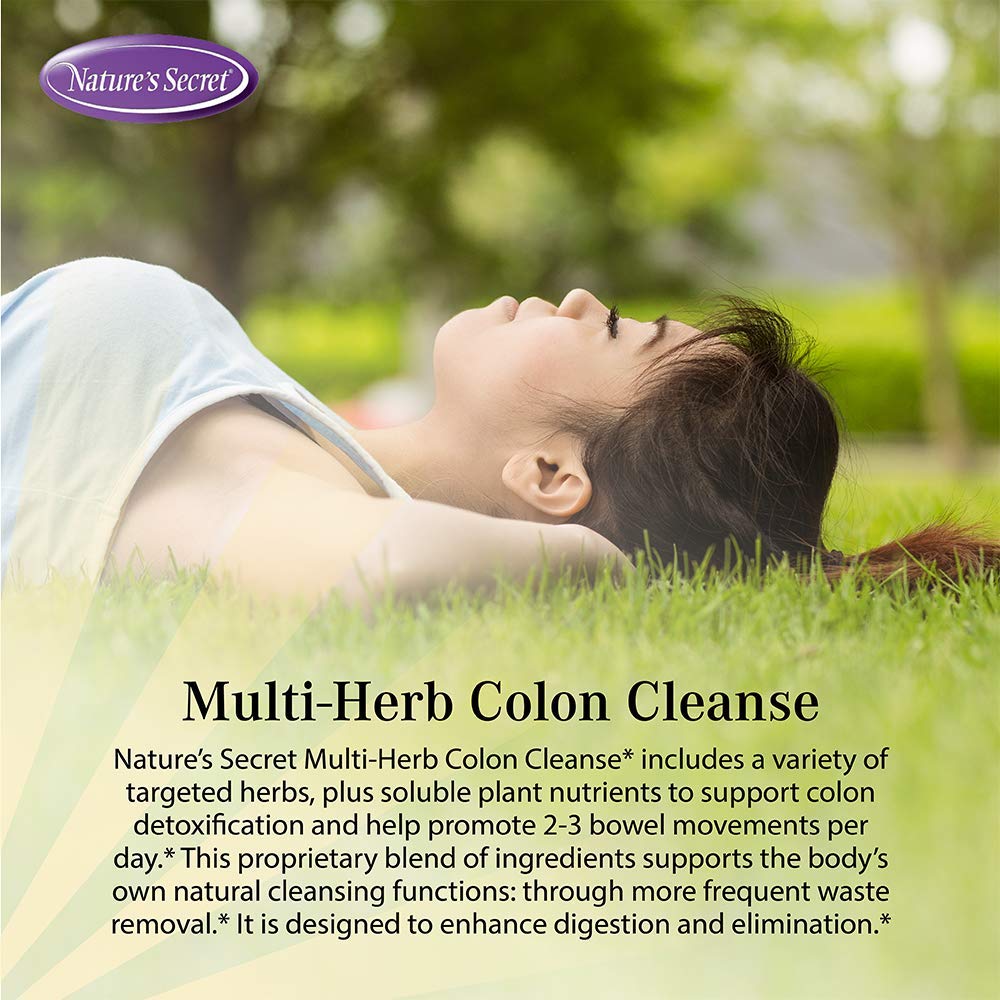 Nature's Secret Multi-Herb Colon Cleanse ingredients visual highlights psyllium, apple pectin, slippery elm.