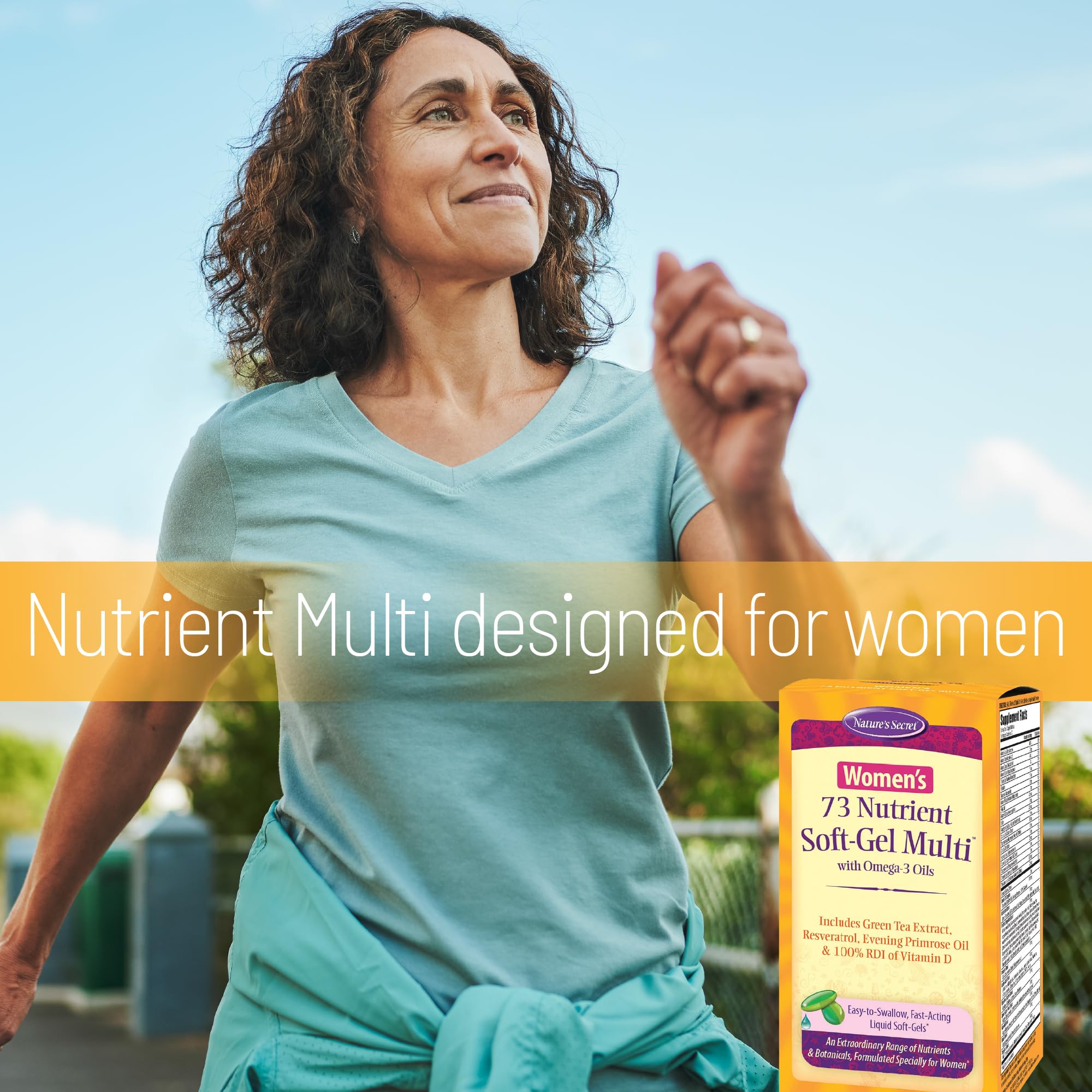 Nature's Secret Women’s 73-Nutrient blends infographic emphasizing vitality support.