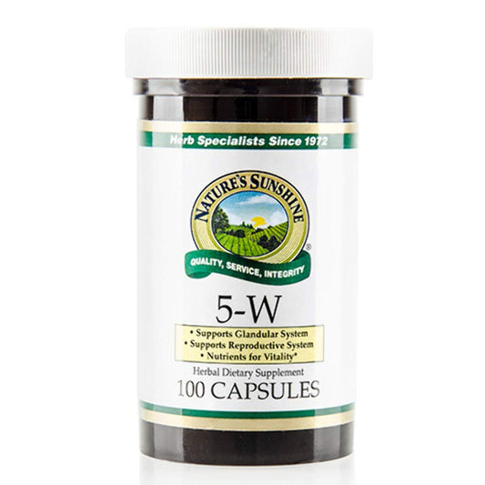 Nature's Sunshine 5-W bottle; herbal blend for late-pregnancy support and uterine tone.