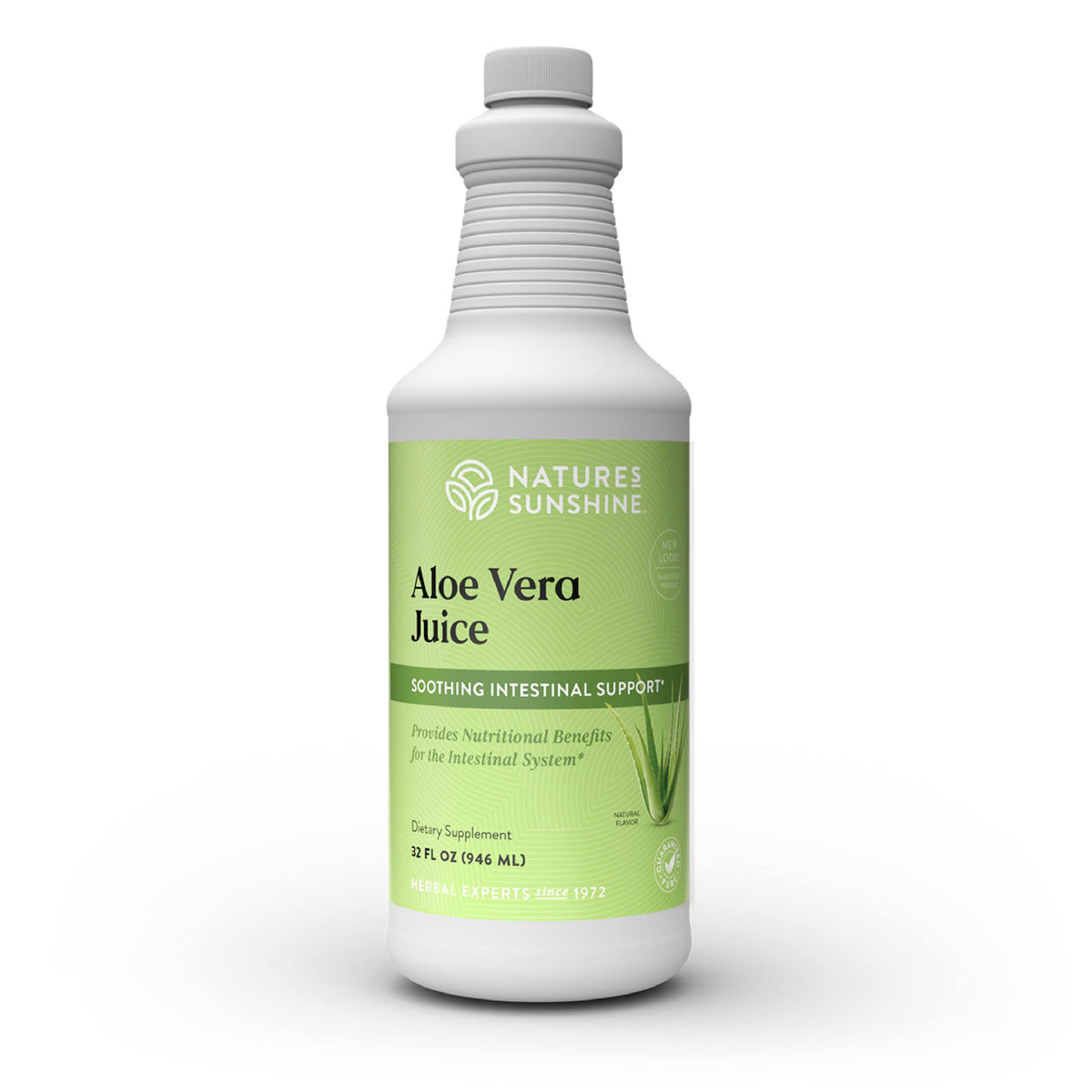 Nature's Sunshine Aloe Vera Juice bottle on display emphasizes premium organic formula.