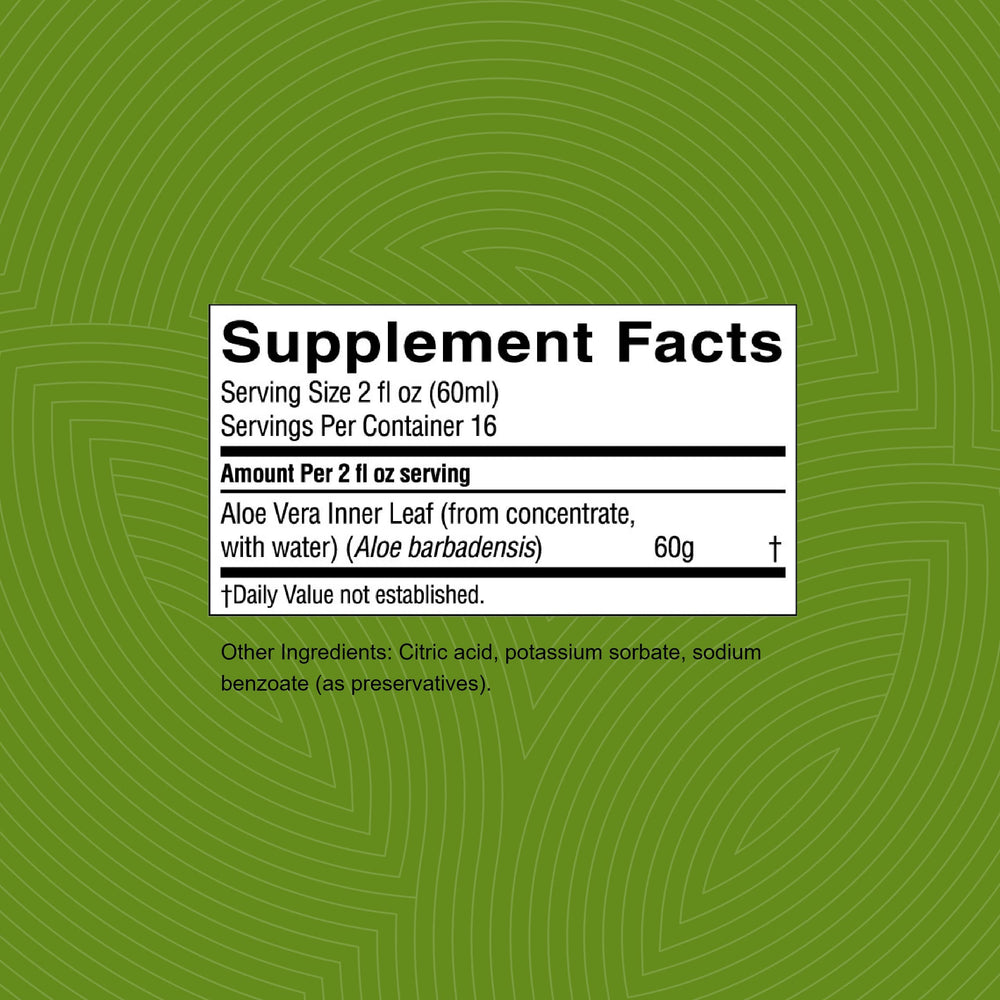 Close-up of Nature's Sunshine Aloe Vera Juice label showing inner leaf concentrate.