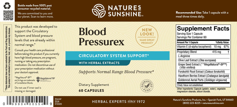 Nature's Sunshine Blood Pressurex ingredients glass showing natural formula emphasis.