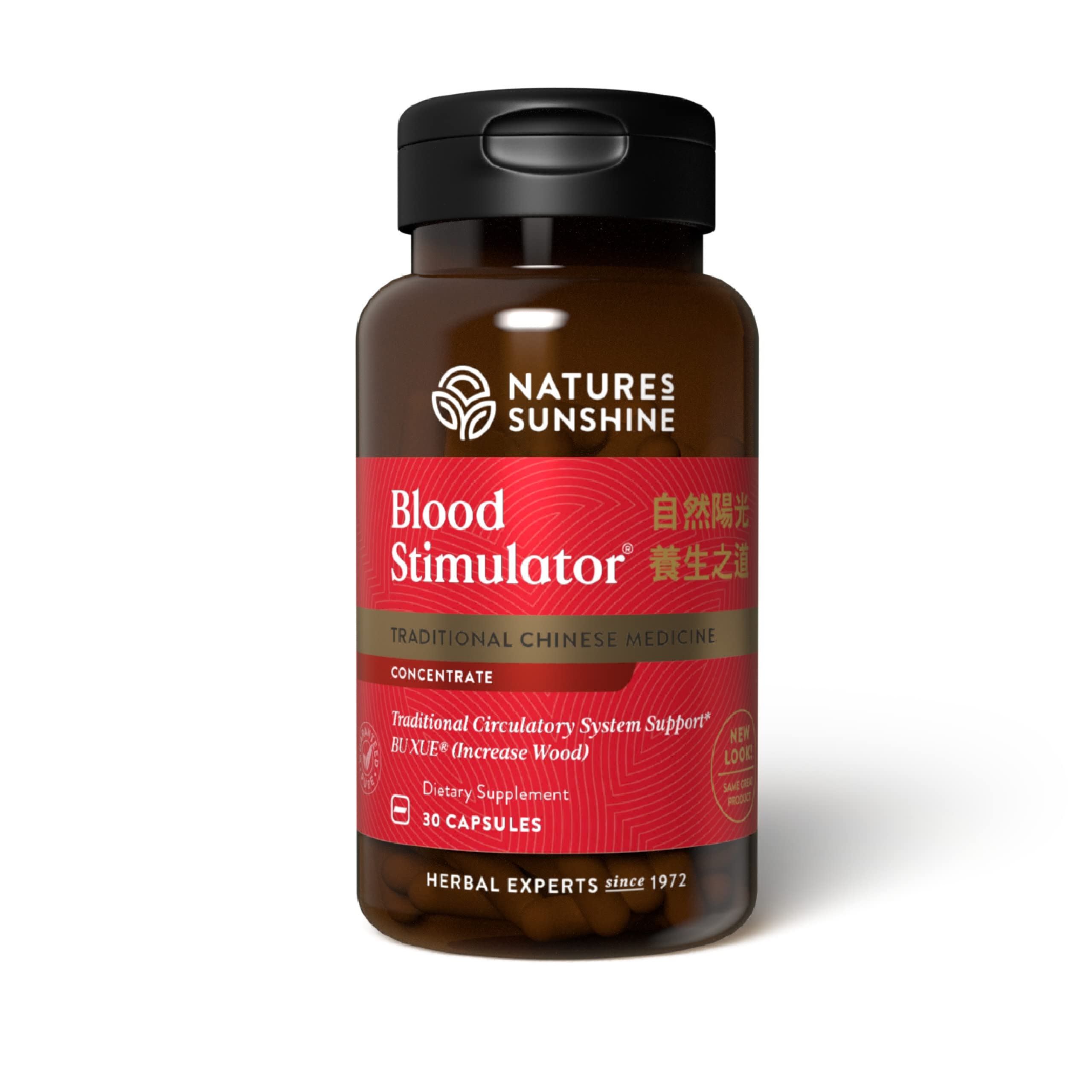 Nature's Sunshine Blood Stimulator TCM bottle showing 30 capsules for daily use.