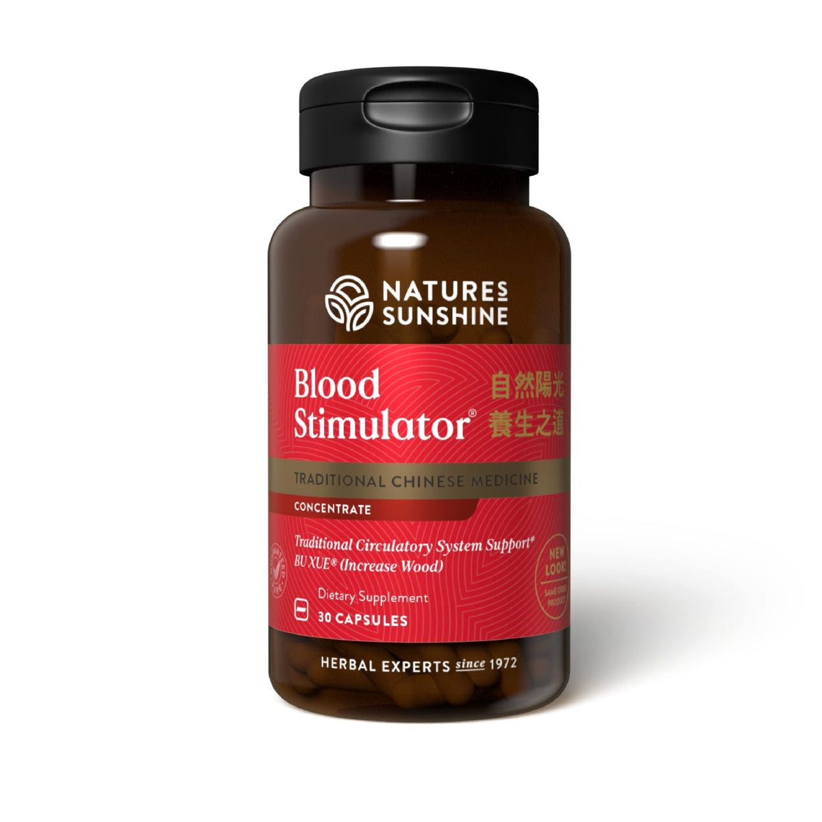 Nature's Sunshine Blood Stimulator TCM bottle showing 30 capsules for daily use.