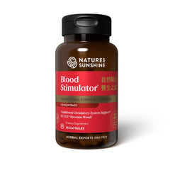 Nature's Sunshine Blood Stimulator TCM bottle showing 30 capsules for daily use.