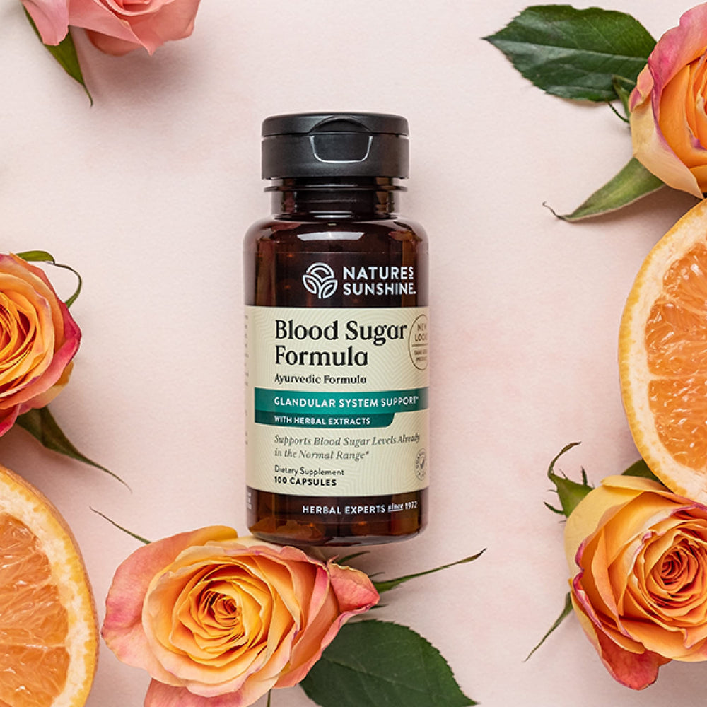 Label closeup of Nature's Sunshine Blood Sugar Formula highlighting quality