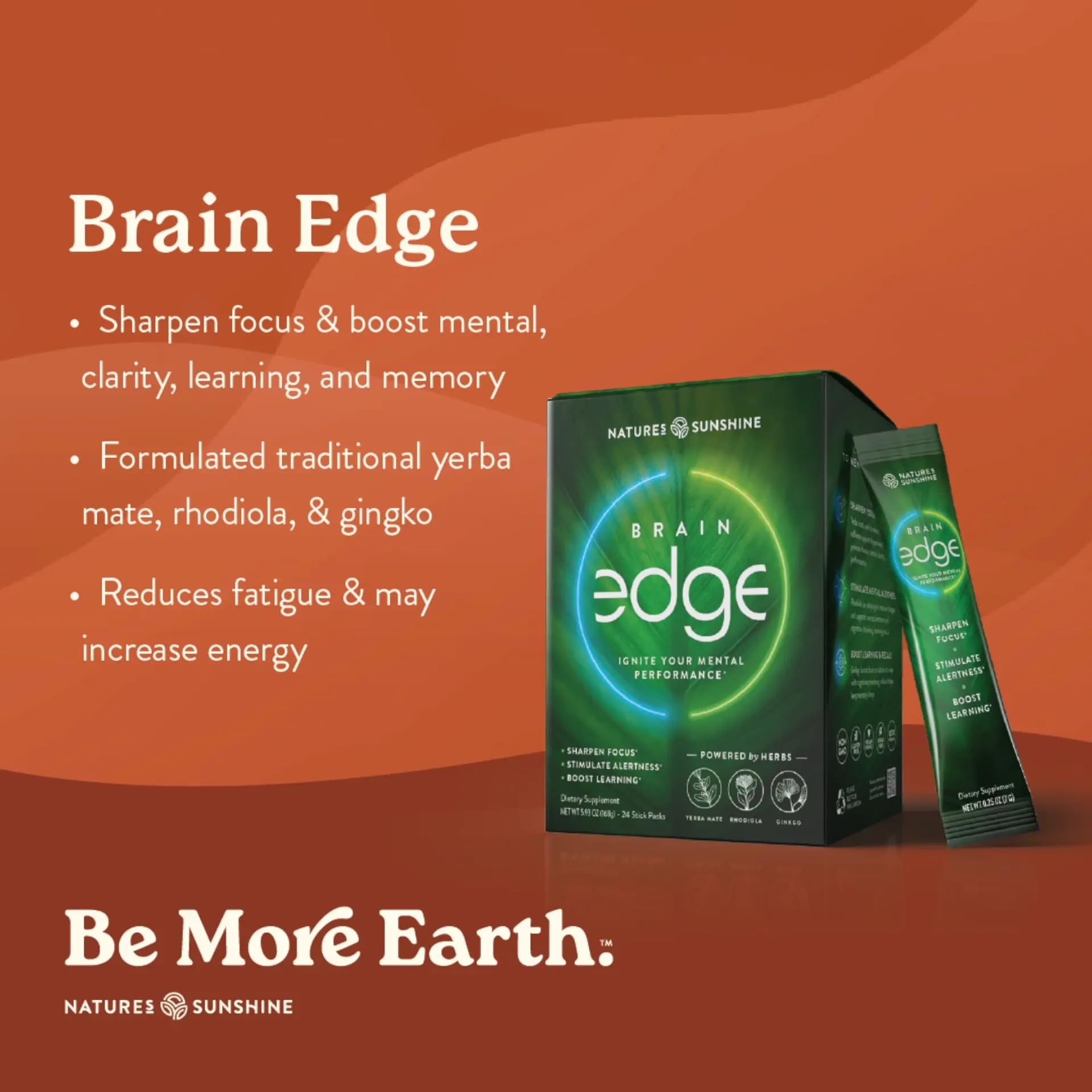 Nature's Sunshine Brain Edge package open with sticks ready to mix for clarity.