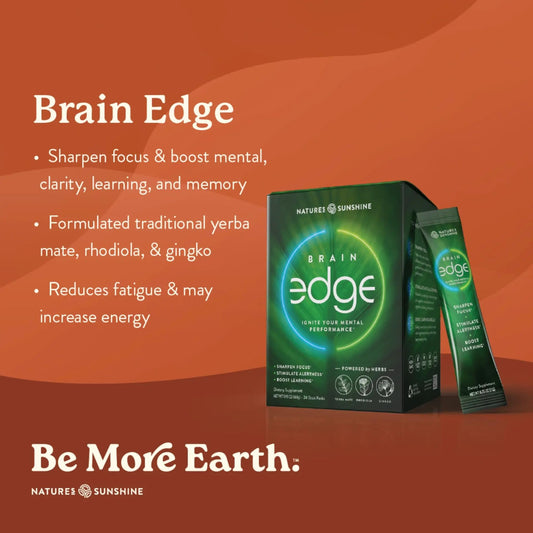 Nature's Sunshine Brain Edge package open with sticks ready to mix for clarity.