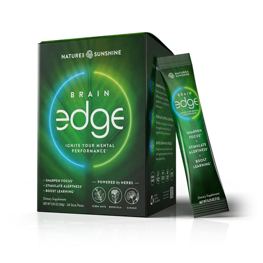 Nature's Sunshine Brain Edge stick-pack front view for quick focus on the go.