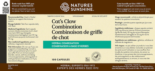 Nature's Sunshine Cat's Claw label highlights natural ingredients for digestive comfort.