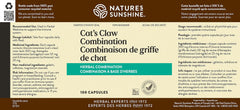 Nature's Sunshine Cat's Claw label highlights natural ingredients for digestive comfort.