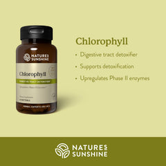 Nature's Sunshine Chlorophyll label and packaging highlighting natural ingredients.