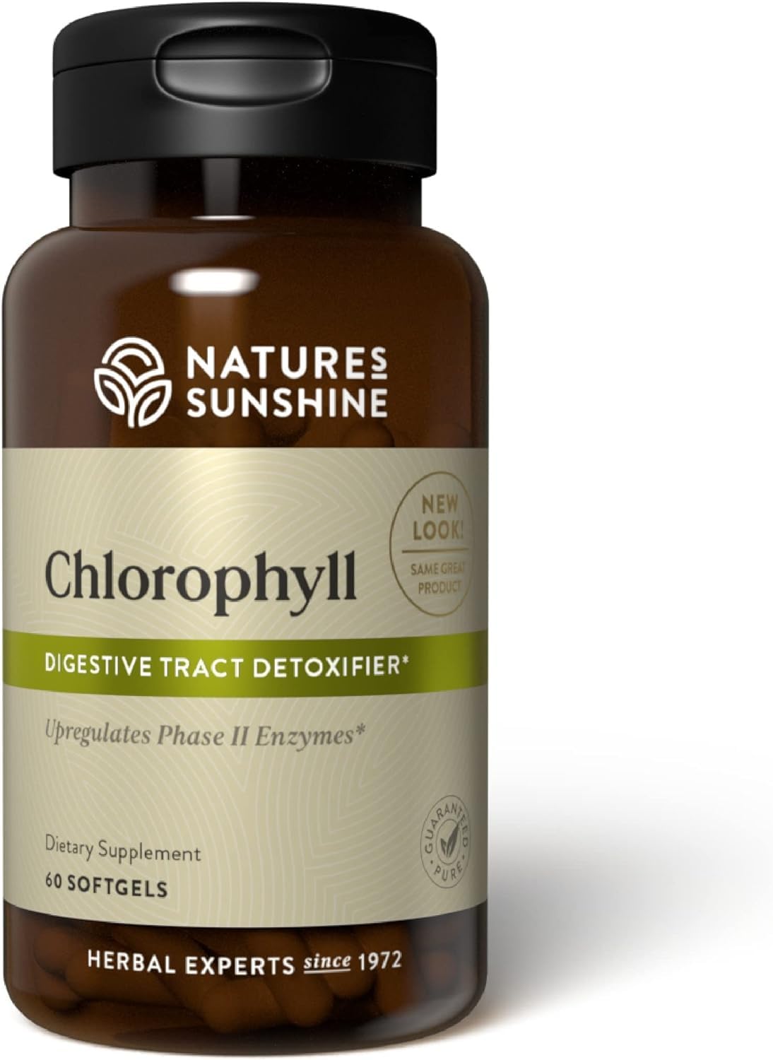 Nature's Sunshine Chlorophyll softgels bottle showing convenient capsules for digestive support.