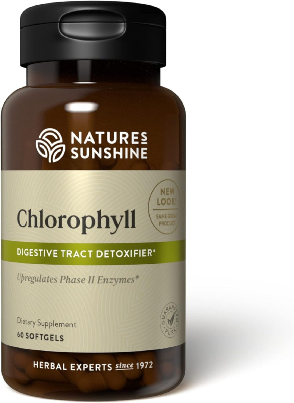 Nature's Sunshine Chlorophyll softgels bottle showing convenient capsules for digestive support.