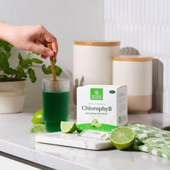 Eco-friendly packaging of Nature's Sunshine Chlorophyll Stick Packs Lime Twist.