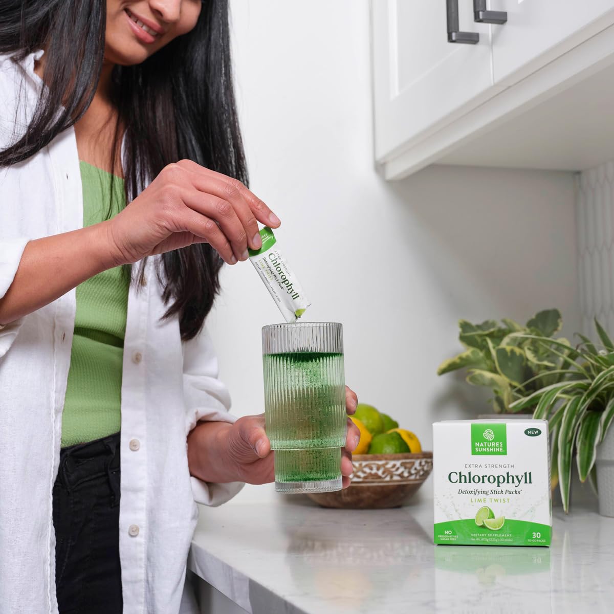 Closeup of Nature's Sunshine Chlorophyll Stick Pack label and ingredients.
