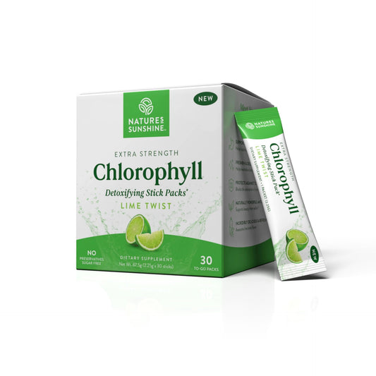Nature's Sunshine Chlorophyll Stick Pack Lime Twist opens for on-the-go detox.