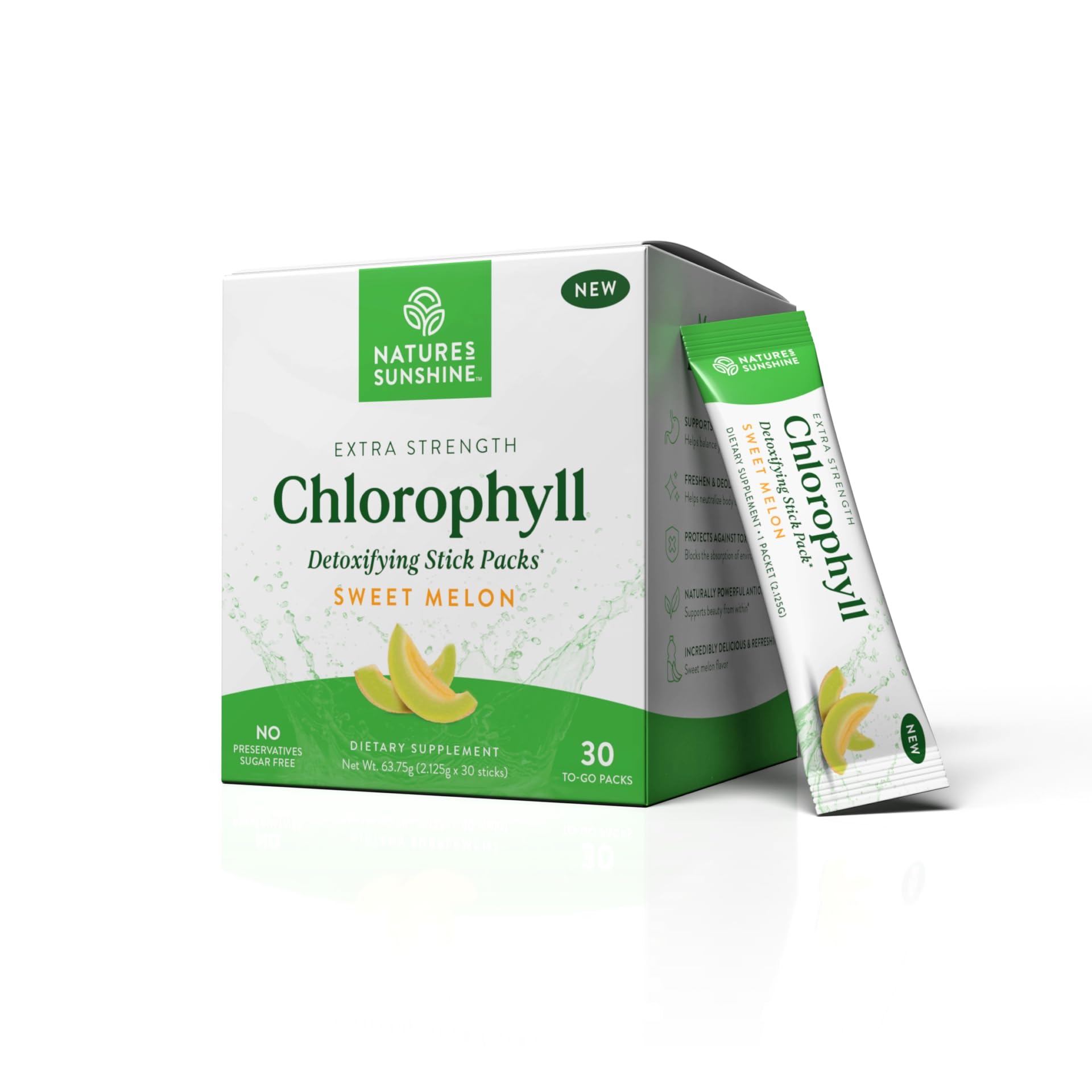 Nature's Sunshine chlorophyll stick pack with sweet melon flavor, convenient daily detox on the go.