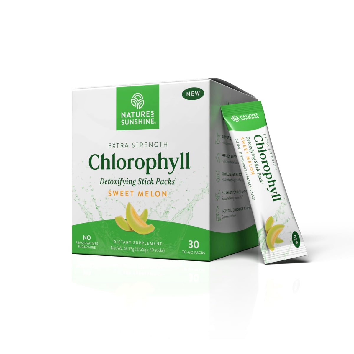Nature's Sunshine chlorophyll stick pack with sweet melon flavor, convenient daily detox on the go.
