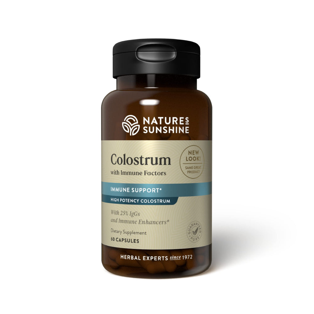 Nature's Sunshine Colostrum bottle front shows immune-support formula