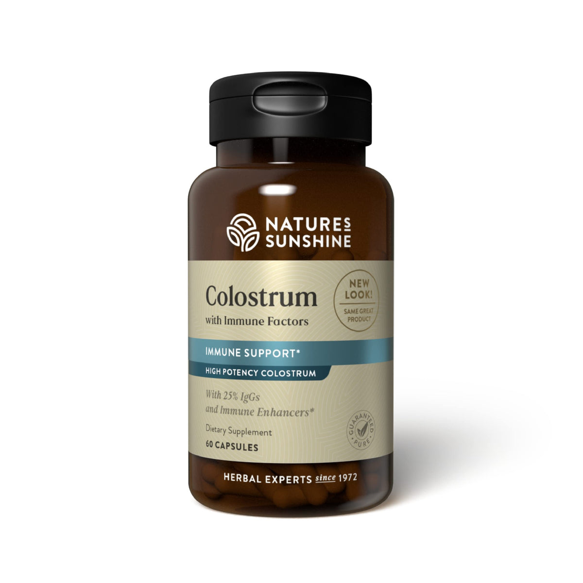 Nature's Sunshine Colostrum bottle front shows immune-support formula
