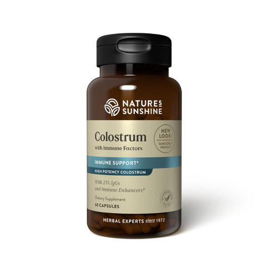 Nature's Sunshine Colostrum bottle front shows immune-support formula