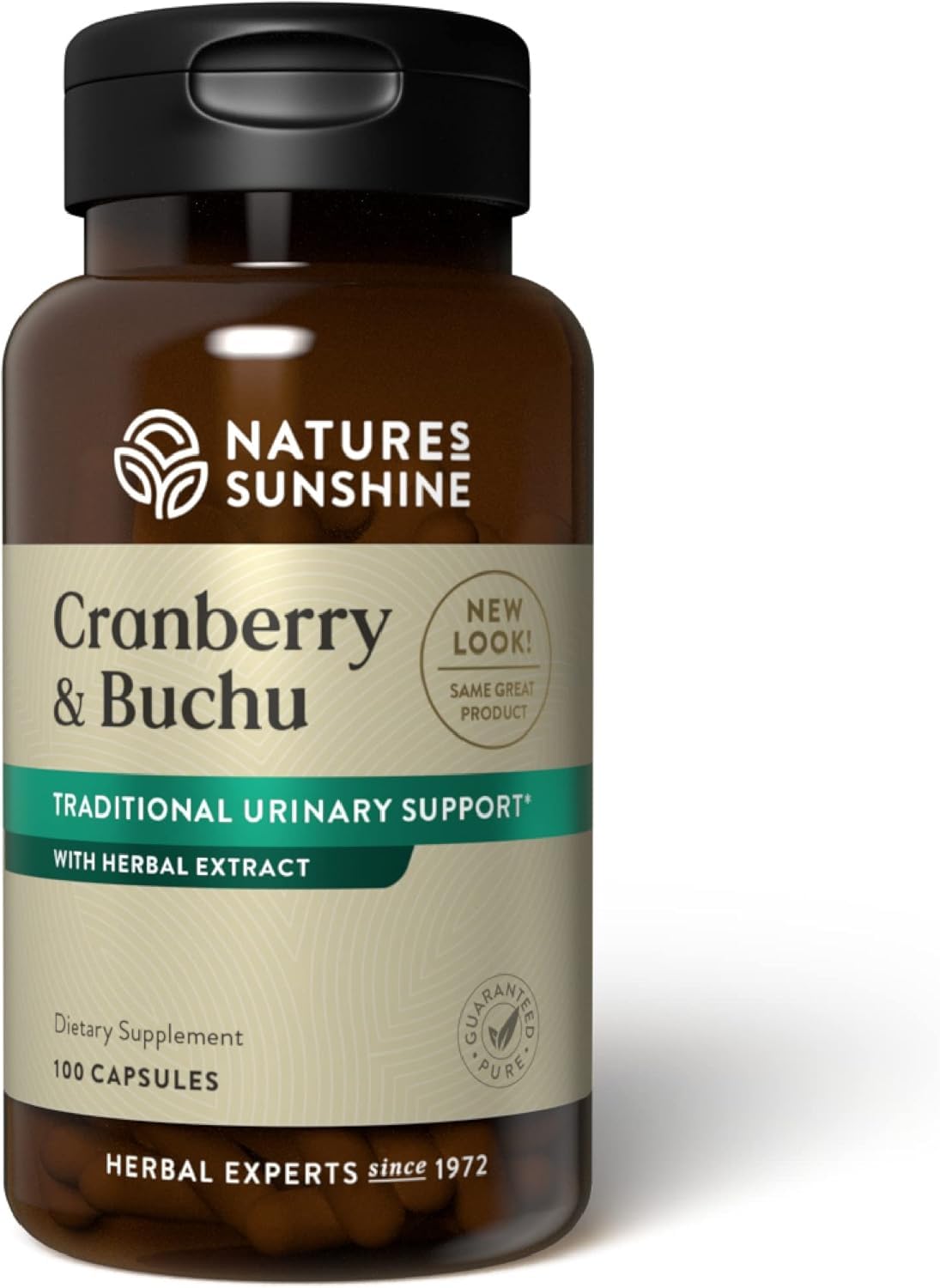 Nature's Sunshine Cranberry and Buchu bottle on table for daily wellness.