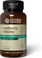Nature's Sunshine Cranberry and Buchu bottle on table for daily wellness.