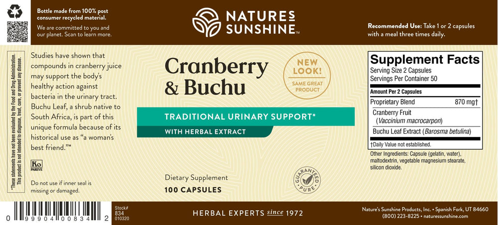 Nature's Sunshine Cranberry and Buchu ingredients palette highlights herbal roots.