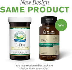 Close-up of Nature's Sunshine E-Tea Capsules label highlighting Essiac tea origin for immune health