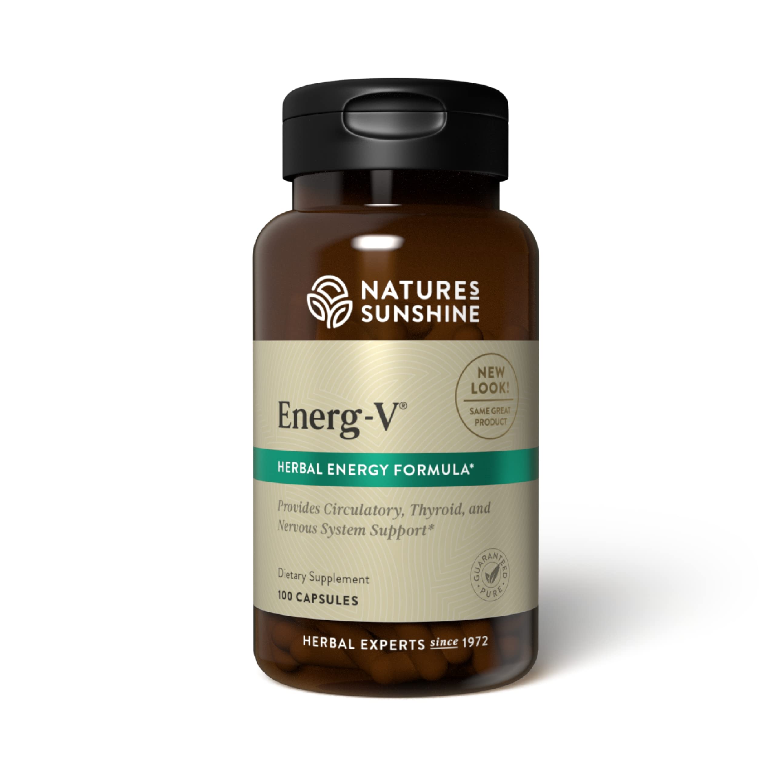 Nature's Sunshine Energ-V bottle pour shows easy-to-dose capsules for daily energy support.