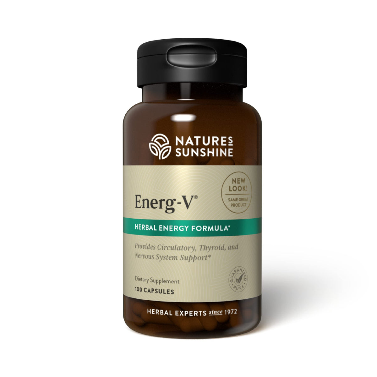 Nature's Sunshine Energ-V bottle pour shows easy-to-dose capsules for daily energy support.