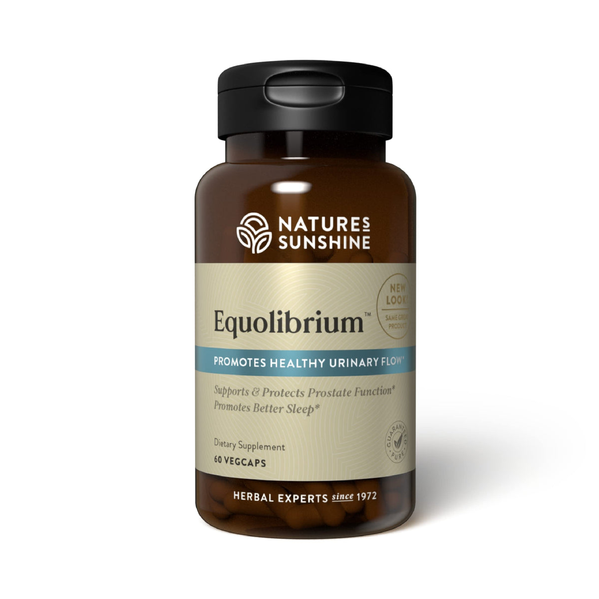 Nature's Sunshine Equolibrium bottle and capsules suggesting prostate wellness support