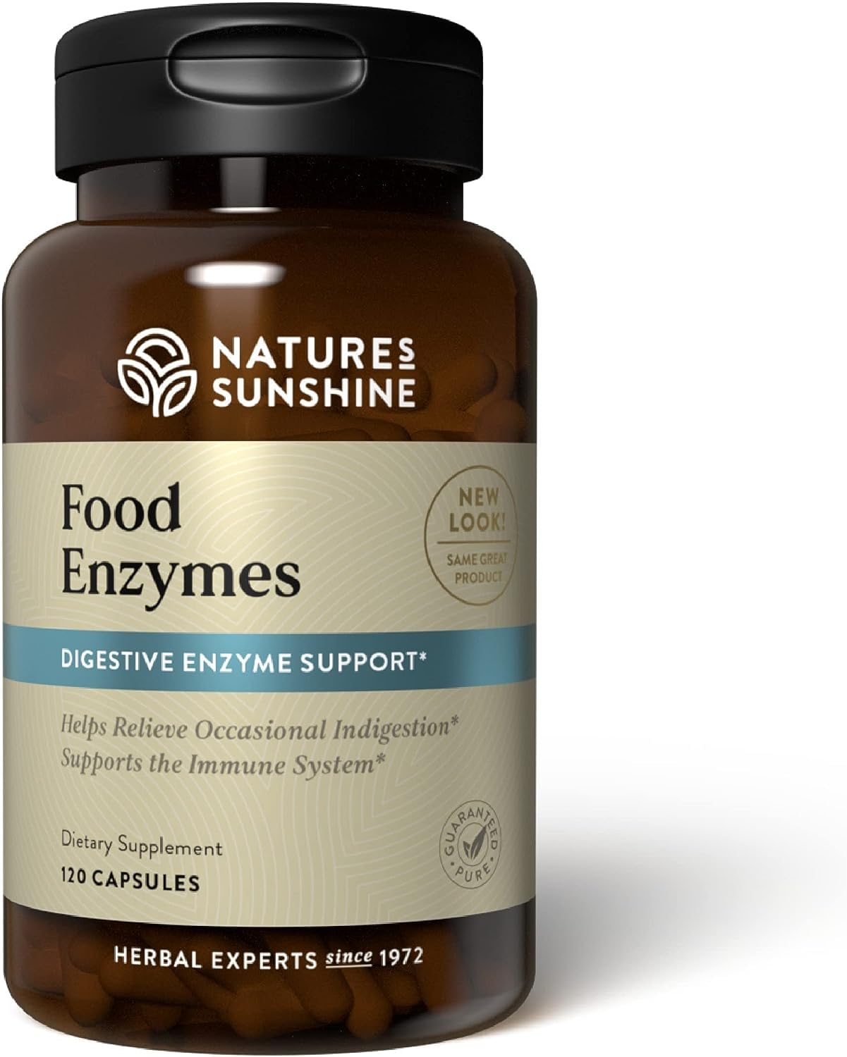 Nature's Sunshine Food Enzymes bottle ready for pre-meal digestion support.