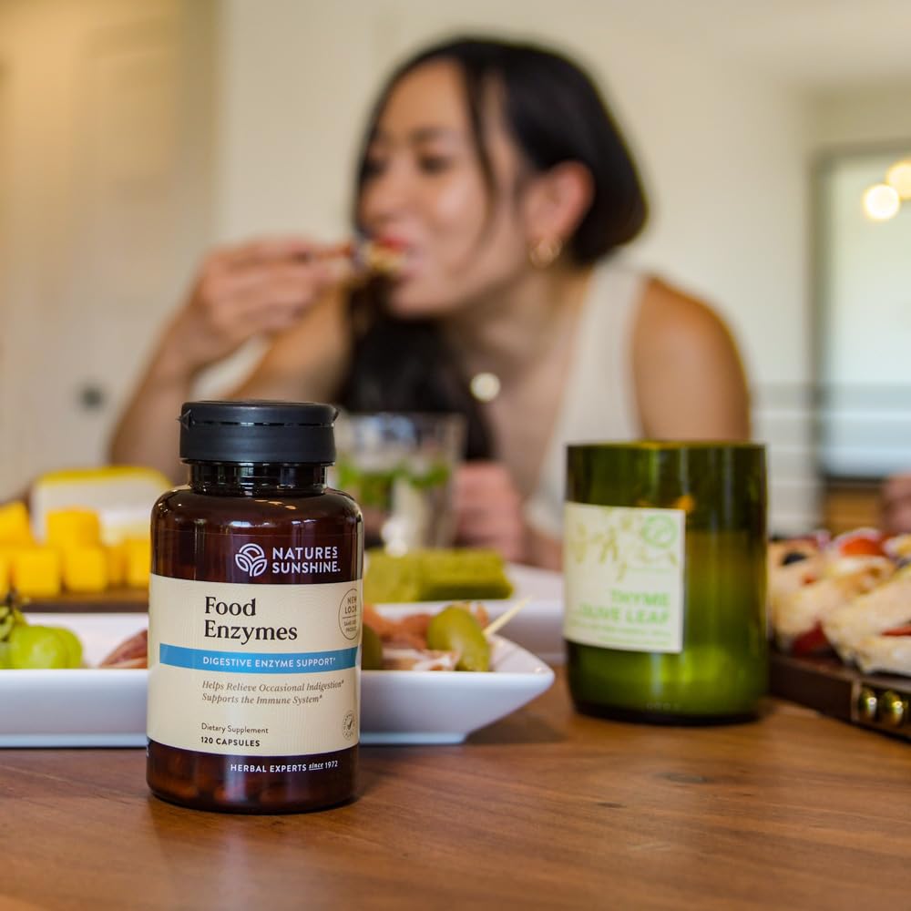 Digestive scene suggests relief from bloating after meals with Nature's Sunshine enzymes.